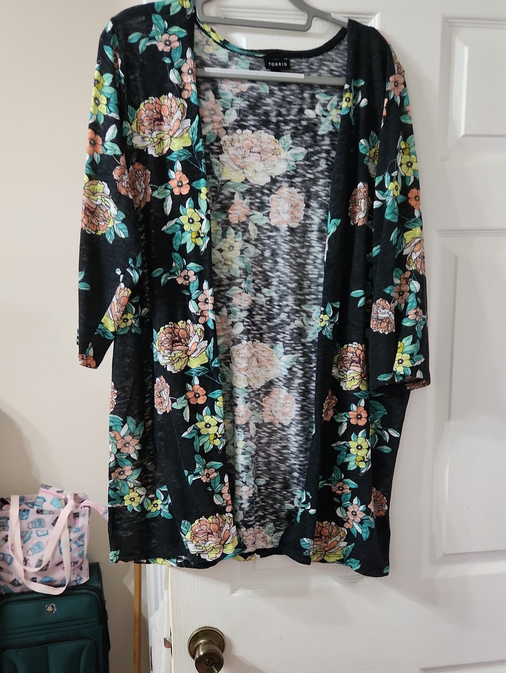 torrid Black Floral Open-Front Cardigan with Mint and Peach Blooms